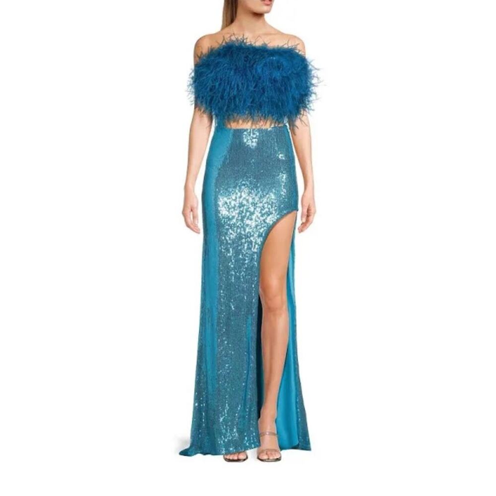 Dear Moon Faux Feather Strapless Sequin Embellished Long Two-Piece Dress Sz 13